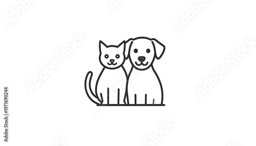 Adorable Cat and Dog Friends - A Simple Line Art Illustration.