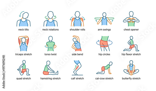Illustrated guide to stretching exercises with neck rolls and hip circles