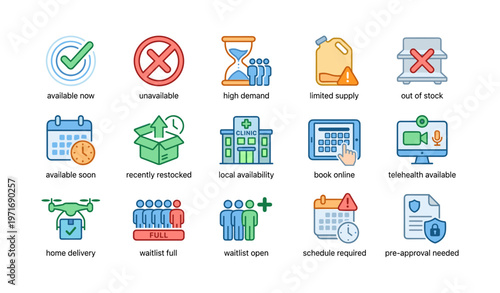 Colorful icons representing availability and delivery status in retail and healthcare