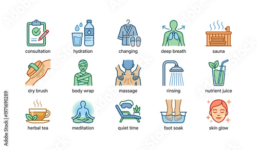 Wellness routine icons: hydration, meditation, spa activities, relaxation, detox