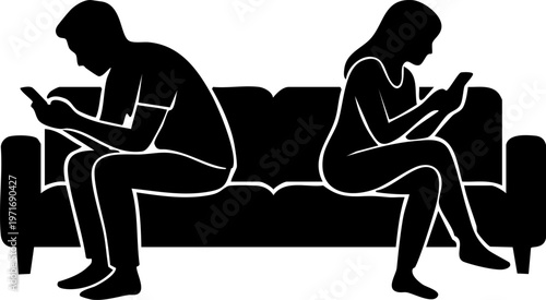 Couple Sitting Back to Back Using Smartphones Silhouette, Digital Addiction and Relationship Disconnection Concept