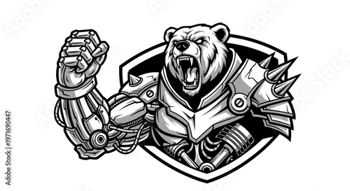 Strong bear with robotic arm wearing armor logo design isolated