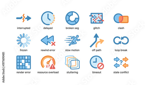 Icon set depicting various digital errors and issues with symbols and colors