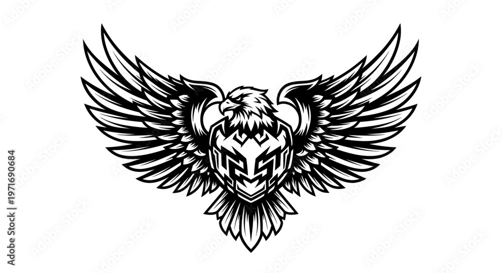 Fototapeta premium Stylized eagle emblem design with wings spread and shield in black and white
