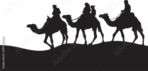 Silhouette of three people riding camels across a desert landscape