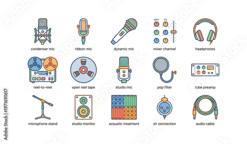 Colorful collection of audio equipment icons including microphones and headphones