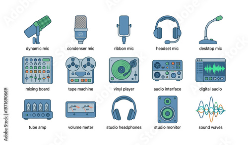 Collection of audio equipment icons featuring microphones, headphones, mixer, and speakers