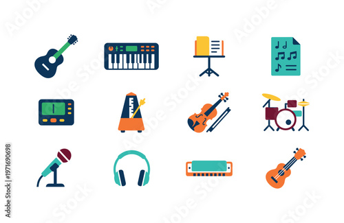 Collection of colorful flat icons representing various musical instruments and accessories