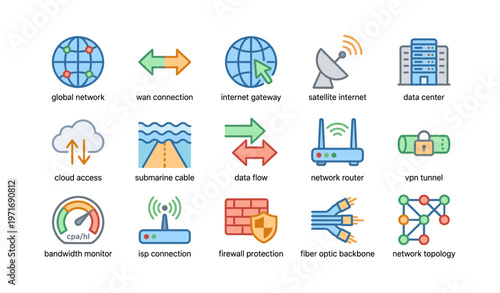 Network icons: global connectivity, data flow, vpn, firewall, submarine cable
