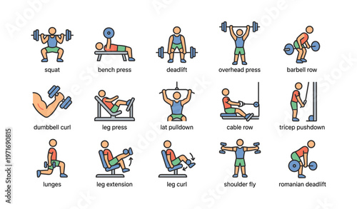 Cartoon illustrations of 12 various weightlifting exercises in simple style