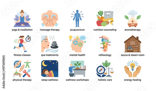 Icons illustrating various wellness and therapy concepts