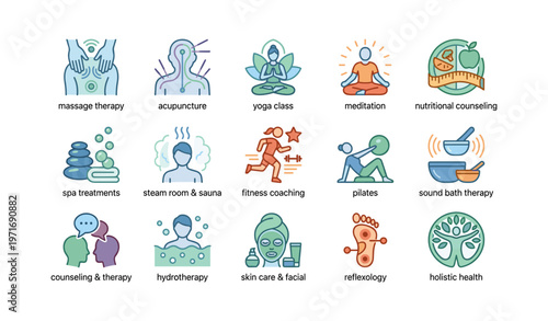 Holistic wellness icons: massage, fitness, nutrition, spa, meditation, yoga, acupuncture