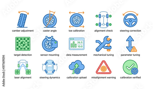 Automotive alignment icons: calibration, steering, tools, and sensors
