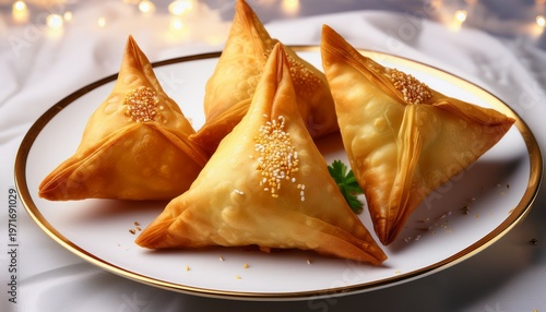 golden samosas gleam on a white plate