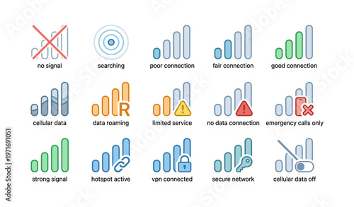 Signal strength and network status icons with connectivity indicators
