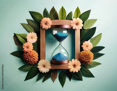 hourglass surrounded by a frame of leaves and flowers concept of time passing