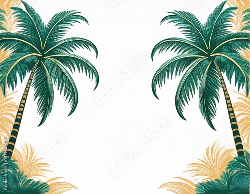two tropical palm trees framing white background for summer vacation design