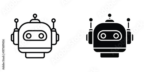 Contrasting robotic heads depicted in monochrome and black silhouette styles.