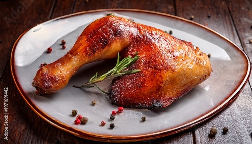 delicious golden brown roasted chicken leg succulent and ready to be served