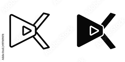 Contrasting play button icons with close and stop functions overlaid on triangular shapes