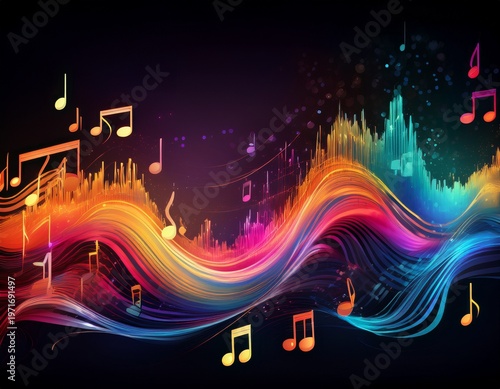 musical notes and vibrant colors creating a dynamic sound wave visual