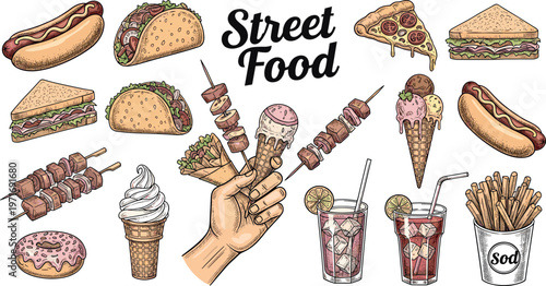 Street Food Collection with Hot Dogs, Tacos, Ice Cream, Pizza, Sandwiches, Kebabs, and Drinks for Food Lovers and Culinary Designs