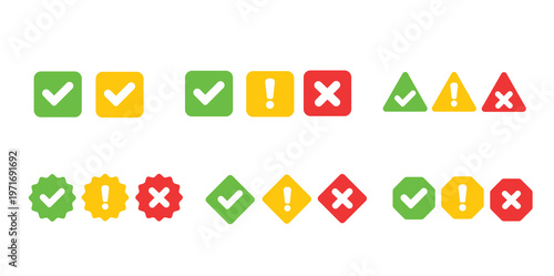 Set of colorful checkmark, warning, and cross icons, exclamation mark, UI element, web icon, app icon