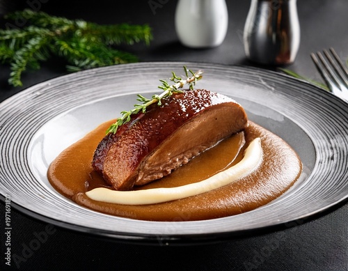 richly glazed duck breast rests on creamy sauce