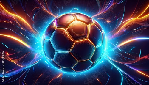 dynamic soccer ball surrounded by electric energy abstract style graphic design digital art