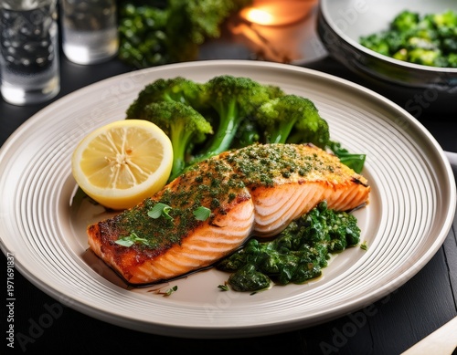 enjoy the rich flavor and dramatic presentation of this healthy herb crusted salmon and fresh green vegetable dinner