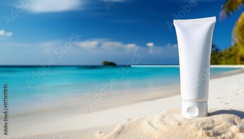 on left side of image white cosmetics cream tube without labels tube stays on sand blurred maldives beach on background mockup