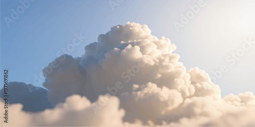 Fluffy white cumulus clouds and wispy smoke drift through the bright blue summer sky creating a high altitude nature cloudscape in the sunlight of a clear day