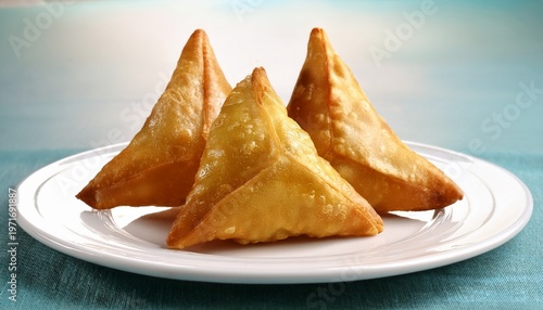 golden samosa rests on white plate
