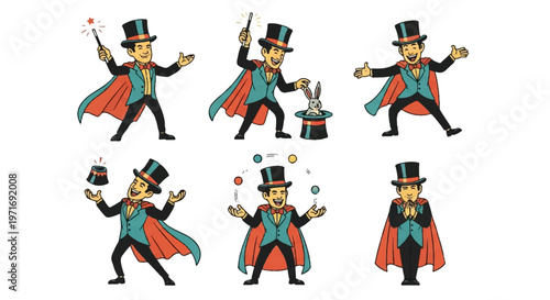 Magician performing tricks illustrations set