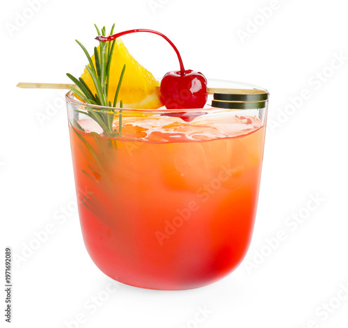 Canvastavla Refreshing tropical cocktail with maraschino cherry, orange slice and rosemary i