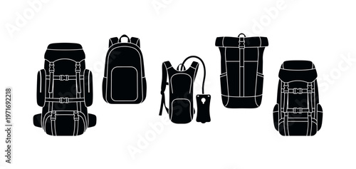 Adventure backpacks with multiple straps and buckles, large expedition backpack, compact daypack bag, hydration backpack with tube