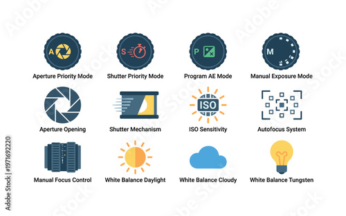 Collection of flat icons representing camera settings and photography concepts