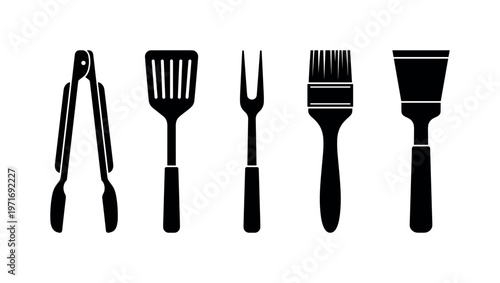 Barbecue tongs long handle, grill spatula flat turner, meat fork prong tool, basting brush silicone, grill scraper cleaning tool,