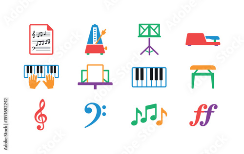Collection of colorful musical instruments and symbols for learning piano