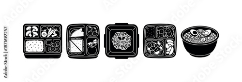 Bento box with rice and vegetables, lunch container with sandwich and fruit, meal box with pasta portion, salad lunch box with