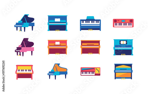 Collection of diverse piano types and keyboard instruments in a flat vector style