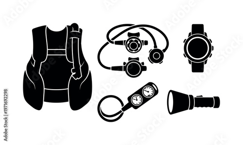 Buoyancy control device vest, scuba regulator with hoses, dive computer wrist device, pressure gauge console, underwater