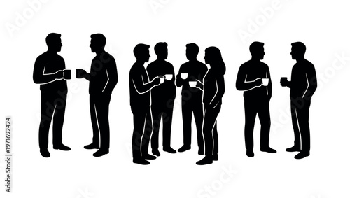 Coworkers standing with coffee cups chatting, two employees sharing break conversation, group of workers holding mugs together,