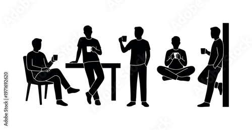 Employee sitting relaxed with coffee cup, worker leaning against table holding mug, person taking short break with drink,