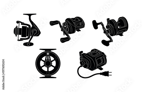 Fishing reels set including spinning reel, baitcasting reel, trolling reel, fly reel, electric reel silhouette, bold black