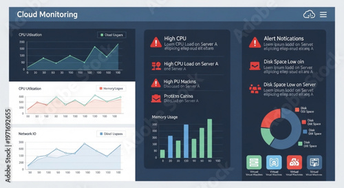 Cloud monitoring dashboard with graphs and alert notifications on a dark blue background