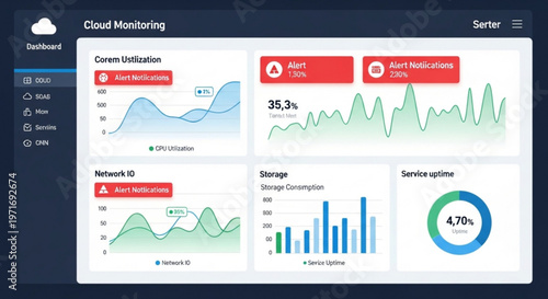 Cloud server monitoring dashboard with graphs and charts displaying cpu utilization network io storage and service uptime statistics for it management and network administration