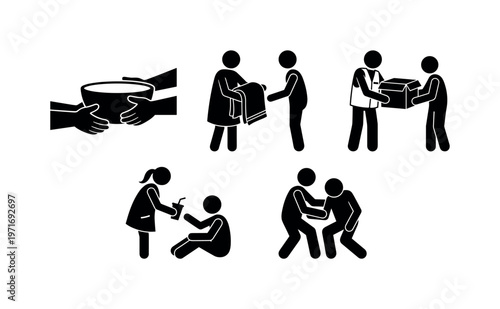 Hands passing food bowl, person giving blanket to another, volunteer handing donation box, caregiver offering water cup, person