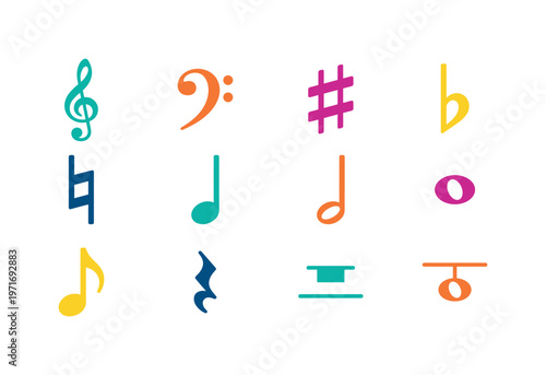 Collection of colorful musical notation symbols on a white background