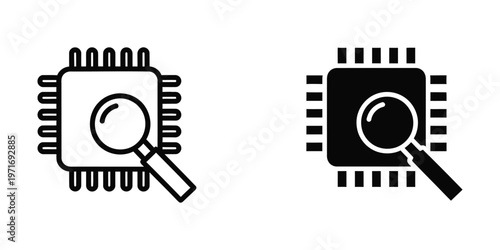 Comparison of monochrome and filled icons depicting a chip under a magnifying glass